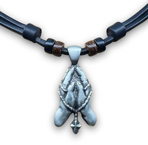HANA LIMA Lederkette Betende Hände Rosenkranz Halskette Herren Damen Metallanhänger