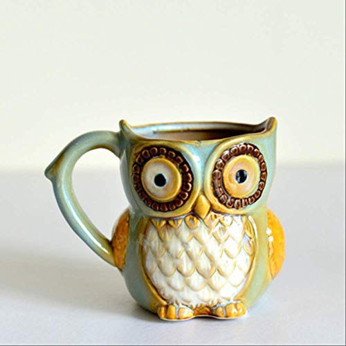 JIUJ Kaffeetasse mit Eulen-Motiv, Keramik, lustig, niedlich, Cartoon-Motiv, für Zuhause, Küche, Büro, Blau