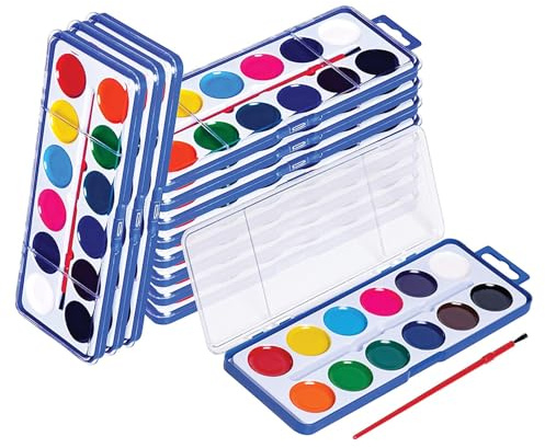 Aquarellfarben-Set für Kinder – Großpackung mit 12 Stück – abwaschbare Farbe in 12 Farben – perfekt für Zuhause, Klassenzimmer und Geburtstage oder Kunstpartys – Pinsel im Lieferumfang enthalten