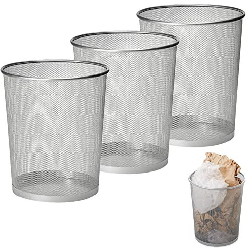 RAINBEAM Metall Mülleimer, 3 Stück, 12L, Silber, Zylindrisch, Atmungsaktiv, Offene Oberseite, 26.5 x 23.5 x 18.8 CM, für Büro, Schlafzimmer, Schreibtisch