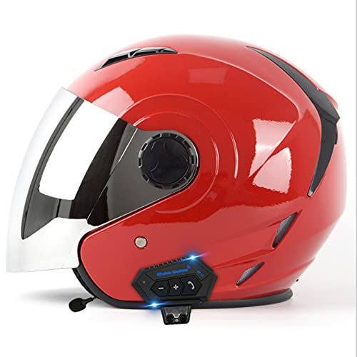 Bluetooth Motorcycle Open Face Helmet Vintage 3/4 Scooter Helmet for Men & Women DOT/ECE Approved Retro Modular Half Helmet Light Moped Helmet ATV Street Jet Helmet,red,L