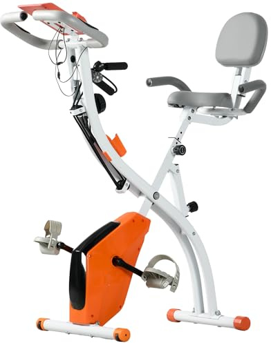 HOMCOM 3-in-1 Folding Exercise Bike, Foldable Stationary Bike with 8-Level Adjustable Magnetic Resistance, Resistance Bands, Adjustable Seat, Pulse Sensor, LCD Monitor and Wheels, Orange