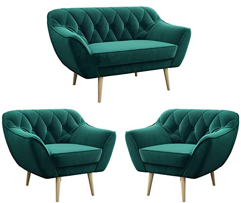 MKS MEBLE Sofa Grün - Moderne Sofa Set 2+1+1 - Skandinavische Deko Polstersofa - Pirs Loungesofa und Zwei Sessels - Vier Personen Dunkelgrün