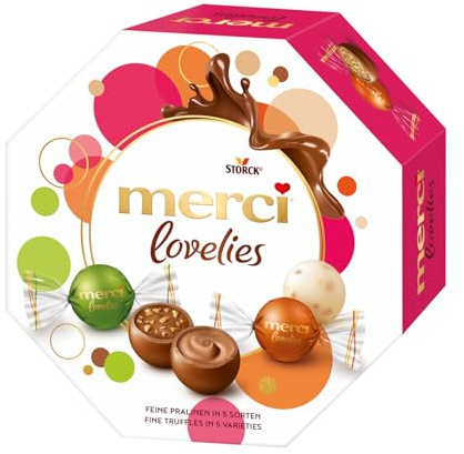 merci lovelies Classic, gefüllte Pralinenkugeln - 1 x 185 g | Pralinen in 5 Sorten Praliné, Nougat Crunch, Nuss Mandel, Edelbitter & Weiße Mandel, Schokokugeln zum Teilen & Verschenken