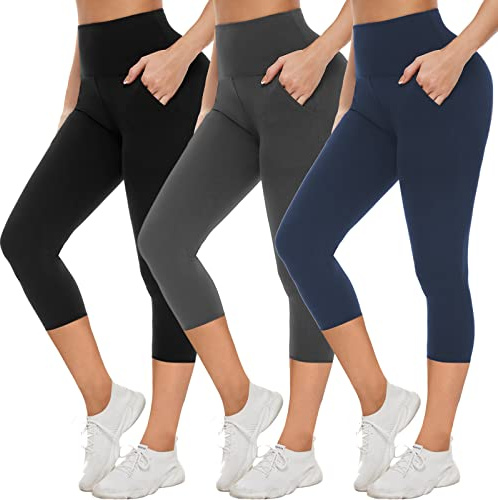 NEW YOUNG 3 Pack Leggings with Pockets for Women,High Waisted Tummy Control Workout Yoga Pants (3 Pack Capri-Black/Navy/Grey, Large-X-Large)