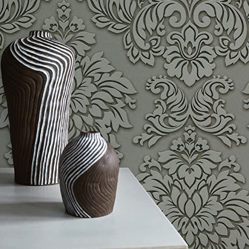 TADESSI WTD 255 Baroele Papier peint non-tissé Motif baroque Gris/argenté avec ornements pour salon, chambre à coucher, cuisine