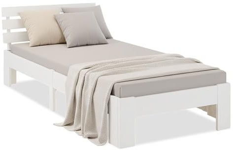 Homestyle4u Bett 90x200 mit Lattenrost Weiß Einzelbett | Holzbett 90x200 Kiefer Jugendbett Kinderbett Gästebett Bettgestell Massivholz