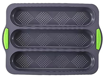 ohfruit Teglia da forno per baguette, forata a bastone francese per 3 baguette, manico isolato, vassoio antiaderente in silicone per pane francese grigio scuro