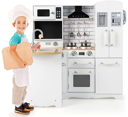 COSTWAY Cucina Giocattolo per Bambini, Cucina per Bambini in Legno con Lavello, Fornelli, Cappa, Telefono, Frigorifero, Lavatrice e Utensili da Cucina, 3 Anni+, Bianco