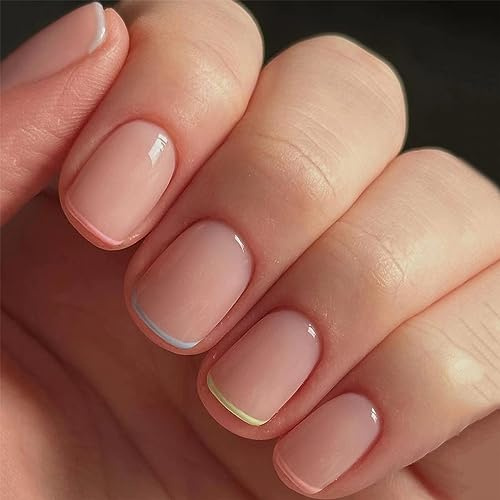 Agasar 24pcs French Tip False nail Short Stick on Nails Nude Pink Press on Removable Glue-on Acrylic Full Cover for Women and Girls