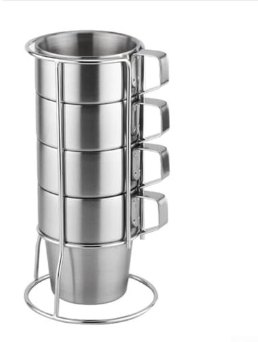 Lot de 4 Tasses à café empilables Double Couche en Acier Inoxydable 300 ML avec Support en métal
