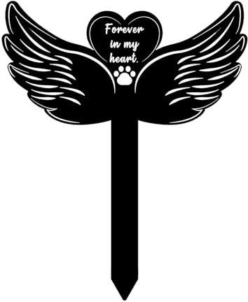 NQEUEPN Dog Grave Marker Cross Memorial Stake, Dogs Headstone Sign Puppy Cemetery Plaque with Black Angel Wings and Paw, Pet Funeral Remembrance Sympathy Decorations for Garden Yard Outdoors