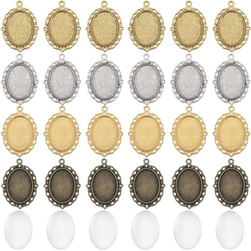 SUNNYCLUE 48 Stück DIY 24 Sets Cabochon Lünettentabletts Anhänger Lünettenrohlinge Vintage Stil Ovale Cabochon Lünettenfassungen Foto Charms Anhängertablett Glas Cabochons Für Die Schmuckherstellung C