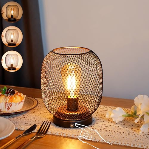 JHY DESIGN Dimmable Touch Bedside Table Lamp Rechargeable Battery Powered Light with LED Bulb Cordless Accent Lantern for Weddings Parties Patio Events for Indoors Outdoors(Metal Base, Bronze Round)
