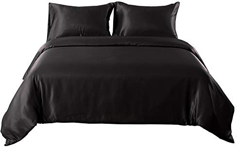 AveHomes Soft Silk 1 Piece Satin Duvet Cover Alaska King 132x120 Size Zipper Closure Soft Comforter Protector Black