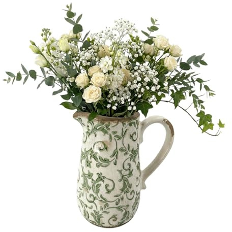 Ceramic Flower Vase Crackle Glaze Green Floral Print Pitcher Jug (DZ85) | Distressed Effect, Watertight, Flower Vase, Carrying Handle, Botanical Print, Mantelpiece, Windowsill, Shelf, Decor