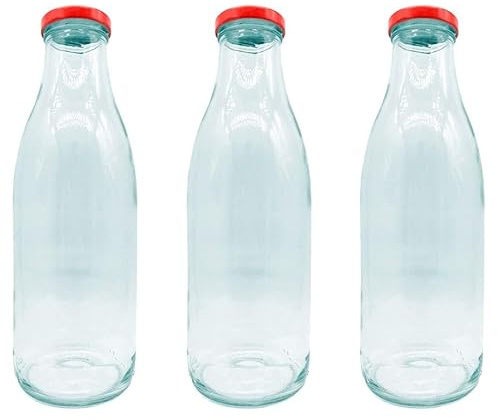 Acan Tradineur Lot de 3 bouteilles en verre avec bouchon rouge en laiton, fermeture à vis, eau, lait, smoothies, jus de fruits, smoothies aux légumes, sauces, réfrigérateur - 1 litre