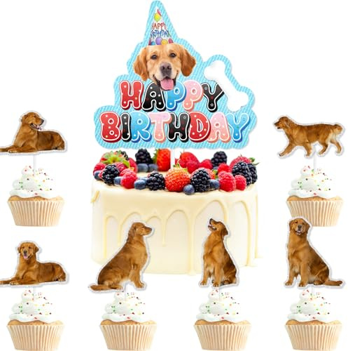7Pcs Cute Dog Cake Topper Set Themed Puppy Happy Birthday Paw Prints, Dog Birthday Party, Pet Party Baby Shower Party, or Boys and Girls Birthday Party Bones, Golden Retriever Decorations. LIANGSS