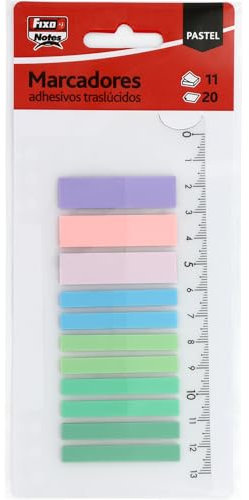 Fixo Notes, 220 Marcadores Adhesivos Colores Pastel con Regla 13cm, PET Tráslucido, 2 Tamaños: 12x45mm y 6x45mm, Puedes Escribir con Lápiz y Boli, Resistentes al Agua, Perfecto Material Escolar