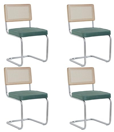 DEYARNA HOME Juego de 4 Sillas de Comedor, Sillas de Cocina Modernas con Respaldo de Caña, Sillas de Salón Tapizadas con Patas de Metal Cromado (Vert, Vellón Holandés)