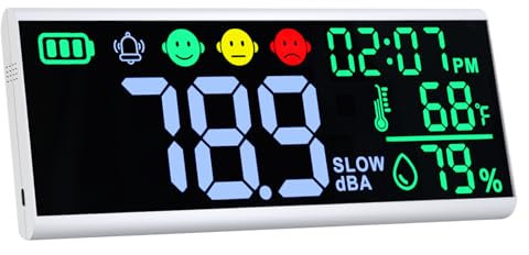 Dezibel-Messgerät 13 Zoll, Wand- und Tisch-Schallpegelmesser, großes LED-Gerät zur Anzeige von Dezibel, Uhrzeit, Temperatur und Luftfeuchtigkeit mit Summer & Symbolalarm für Klassenzimmer und Studio
