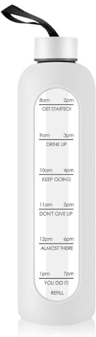 Gistome 1 Liter Glass Water Bottle with Stainless Steel Lid - 1000ml Sports Drinking Bottle with Time Marker, Reusable Shatterproof Silicone Case Bottle for Fitness Gym Outdoor Travel Workout (White)