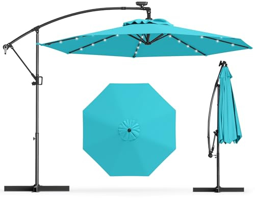 RELAX4LIFE Parasol déporté rotatif 3 m avec LED solaires (Turquoise) | Parasol de jardin inclinable et pivotant à 360° avec inclinaison réglable et manivelle pour terrasse et patio