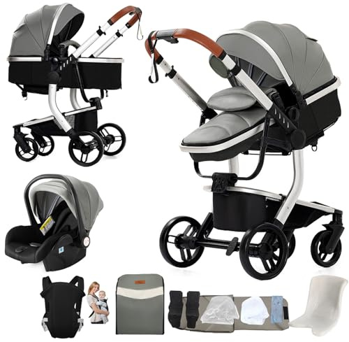 Veitoalioy PU-Leder Kinderwagen 3 in 1, Bequemer Multifunktionaler Kombikinderwagen 3 in 1 Komplettset, Aluminium Hohe Landschaft Babywagen, Faltbarer Kinderwagen Set (518 Grey)