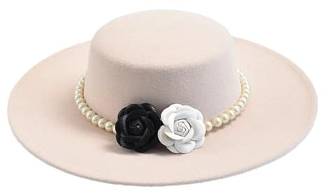 Fedora-Hut für Damen und Herren, französischer Stil, breite Krempe, flache Oberseite, Filzhut, Winter, Derby, Hochzeit, Jazz, beige, 6 7/8/7 1/8