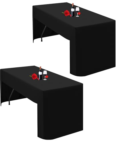 Lumaycens 2 Pack Black Tablecloth Open Back Fitted Tablecloth for 6ft Folding Table Washable Polyester Fabric Black Table Cloth Table Cover for Trade Craft Show Display Party Wedding Events