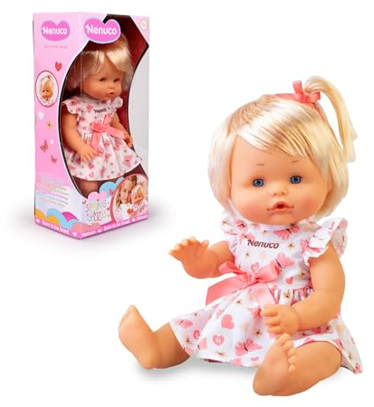 NENUCO Spring Dress, Muñeco Bebé de 35 cm, Cuerpo Duro con Pelo, Bebe Vestido con un Precioso Vestido Primaveral de Mariposas, Puede Beber y Hacer Pipí, Incluye 1 Lacito, +3 años, Famosa (NFNC0000)