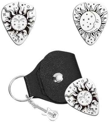 UNICRAFTALE Personalisierte Gitarrenplektren Geschenk Gitarrenplektrum Beidseitig Graviert Sonne Und Mond Edelstahl Gitarrenplektrum Mit PU Lederetui Plektrum Gitarren Set Für Gitarrenspielers