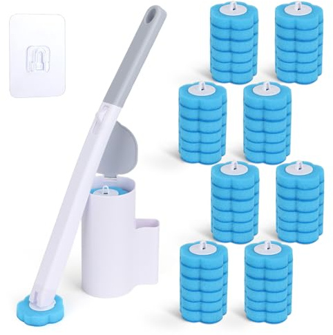 Disposable Toilet Brush with 48 Refills, | Wall Mounted Toilet Brush with Holder, Bathroom Cleaning System for Sink Bathtub Drain Wash Basin Urinal (White)