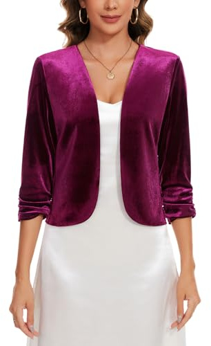 Women Velvet Bolero 3/4 Sleeve OpenFront Cardigan Sweater Shrug,Fuchsia XXL