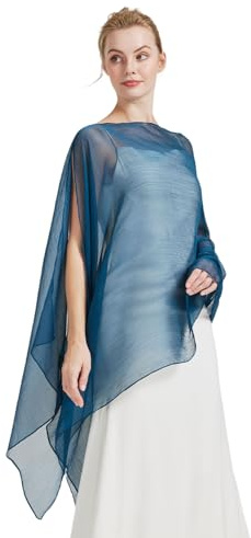 BEAUTELICATE Stola Elegante Donna Cerimonia Elegante Trasparente Crepe Coprispalle Leggera Poncho Cape per Matrimonio Abito da Sera, Blu Ottanio