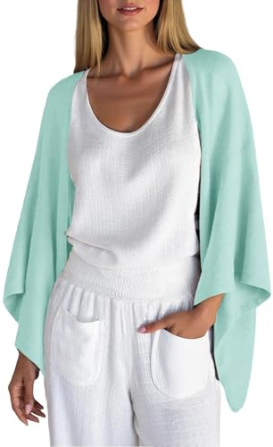 Women's Cardigans Autumn Lightweight Bolero Waterfall Linen Cardigans Summer 3/4 Sleeve Beach Cover Up Casual Open Front Kimonos Blouse Tops Shrug Coat Breathable Shrugs for Evening Dress Mint Green