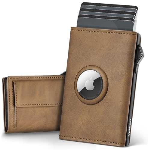 YESIIW Airtag Wallet - Pop-up CardHolder Airtag für 11 Karten, 1 Ausweis & 12 Papiergeld - Magnetverschluss Smart Wallet Air Tag Geldbeutel Herren mit RFID Schutz & XL Münzfach (Braun)