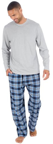 GM Apparel Men's Long Sleeve Pyjamas Set | Jersey Top & Brushed Flannel Pajama Set – Soft Knit Top & Woven Plaid PJs Sleepwear Bottoms Nightwear (UK-L, Grey/Blue Check)