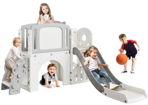 Garvee Toboggan pour Enfant 8 en 1, Structure d'escalade, Panier De Basket, Tunnel, Bascule, Télescope Et Espace De Rangement. Aire De Jeux Intérieure Et Extérieure pour Garçons Et Filles.