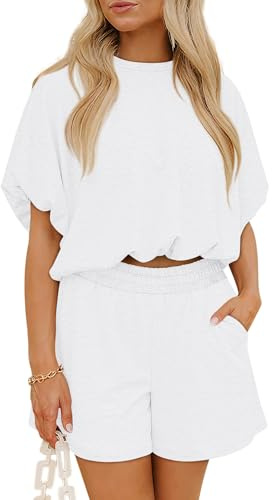 COCCKO 2 Piece Sets for Women Crew Neck Cap Sleeve Shirt and Shorts Set Womens Matching Summer Lounge Sets White M