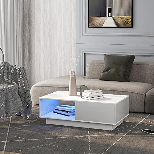 OKMYHOME Table Basse - Table Basse LED Haut Brillant avec Plateau MDF laqué pour Salon Moderne, rectangulaire, Blanc, 95x55x32 cm