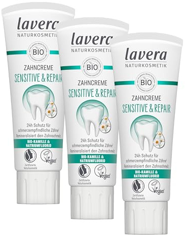 lavera Zahncreme Sensitive & Repair - für empfindliche Zähne - 24h Schutz - Bio-Kamille & Natriumflorid - Vegan - Naturkosmetik - 75 ml (Packung mit 3)