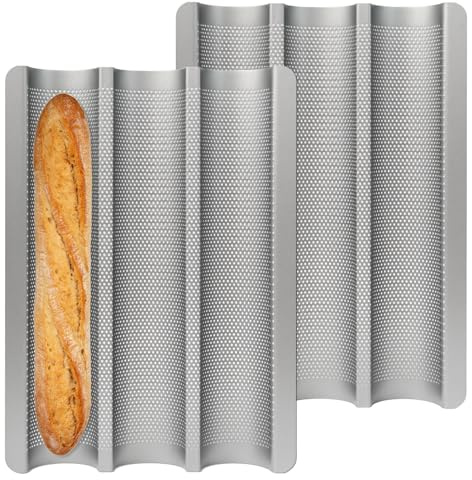 Pilikoll 2 Pcs Baguette Baking Tray with Non-Stick Coating French Bread Pan for 3 Baguettes Grooves Waves Bread Baking Tray 3 Slots Baguettes Mould Perforated Baguette Pan for Baking Molding(38x27cm)