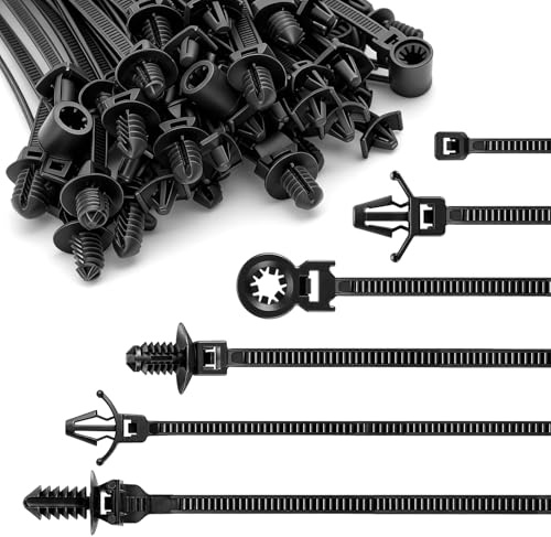 MIGUBIGU 250 PCS Attache de Câble en Nylon Autobloquante Noir, Collier de Serrage Câble Voiture 6 Modèles, Attache Câble Voiture Résistantes aux UV, Résistant au Vieillissement
