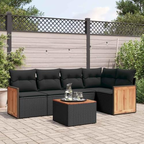 Hoopleep 6-TLG. Garten-Sofagarnitur Schwarz aus Poly Rattan mit Kissen, modularer Lounge-Set für Terrasse und Outdoor, inklusive Stauraum und Akazienholz-Tisch