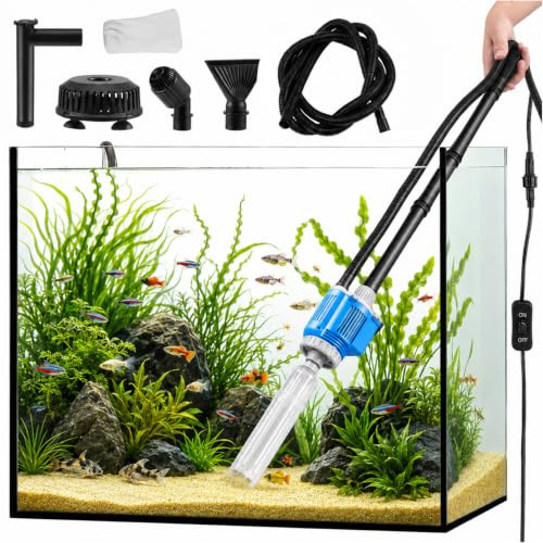 Aquarium Mulmsauger Elektrische, Aquarium Sand Kies Reiniger Sauger 6-in-1, 28W Fischbehälter Staubsauger mit ausziehbarem Griff, für Wasserwechsel, Sandreinigung, Schmutz Entfernen, Duschen, Filtern