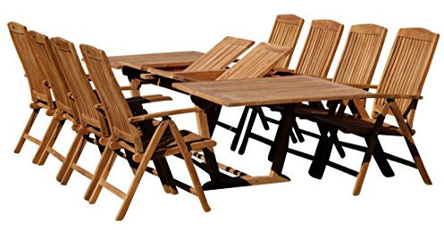 ASS ALEOS. Teak Gartengarnitur Gartenset Set Tobago Ausziehtisch 200-250-300cm x 100cm mit 8X Hochlehner Sessel Stühle