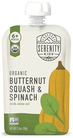 Serenity Kids 6+ Months Veggie Puree Baby Food Pouches - Butternut Squash & Spinach - USDA Organic Baby Snacks - No Added Sugar Snack Pouch - Healthy Toddler Treats - 3.5 Oz Pack of 12