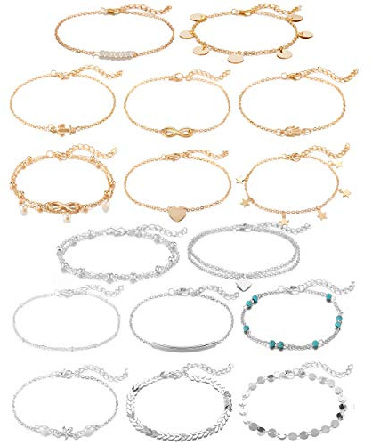 Softones 16Pcs Ankle Bracelets for Women Gold Silver Two Style Chain Beach Anklet Bracelet Jewelry Anklet Set,Adjustable Size