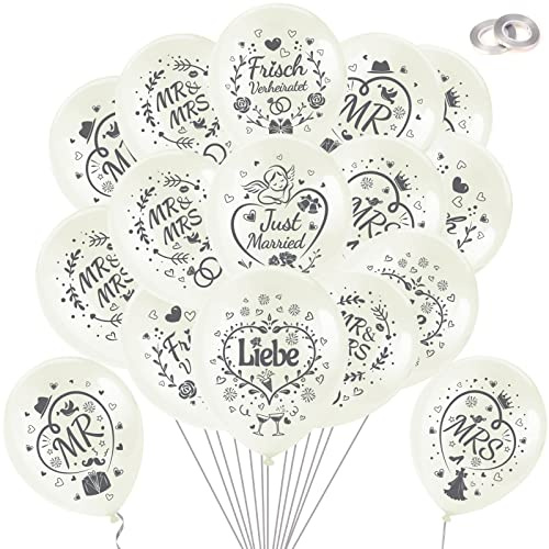 DPKOW 32pcs Weiß Hochzeit Luftballons für Vintage Hochzeit Dekorationen, Liebe Latexballon MR und MRS Ballons Just Married Frisch Verheiratet Luftballons für Hochzeitsbogen Auto Hochzeitsdeko Girlande